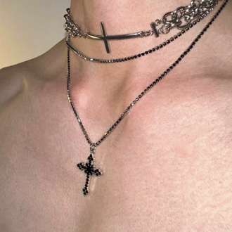 2 Katmanlı Siyah Taşlı Haç & Choker Kolye Seti