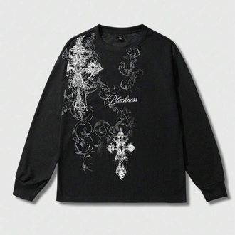 Gotik Haç & Sarmaşık Baskılı Siyah Sweatshirt