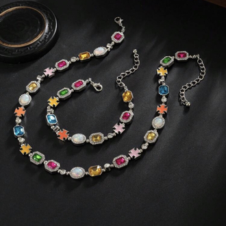 Victorian Goth Çok Renkli Mücevher Taşlı Kolye Bileklik Set