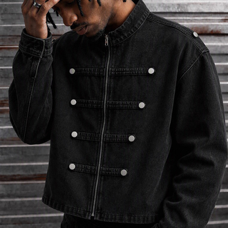 Askeri/Bando Detaylı Siyah Denim Ceket
