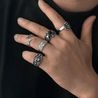 5 Adet Grunge Motifli & Haç Detaylı Antik Eklem Yüzükleri