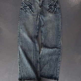 Yıkanmış Dokulu & Bıyık Detaylı Bol Paça Denim Pantolon