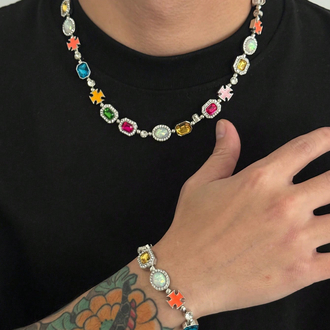 Victorian Goth Çok Renkli Mücevher Taşlı Kolye Bileklik Set