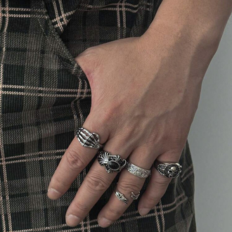 5 Adet Grunge Motifli & Haç Detaylı Antik Eklem Yüzükleri