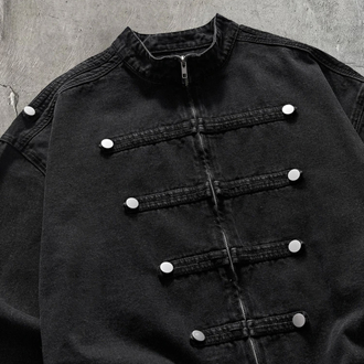 Askeri/Bando Detaylı Siyah Denim Ceket