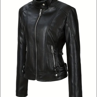 Goth Deri Kadın Slim Fit Deri Motosiklet Ceketi - Stand Yaka Fermuarlı Uzun Kollu Casual