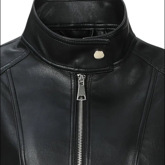 Goth Deri Kadın Slim Fit Deri Motosiklet Ceketi - Stand Yaka Fermuarlı Uzun Kollu Casual
