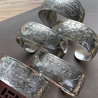 Vintage Bohem Vintage Gümüş İşlemeli Geniş Bileklik
