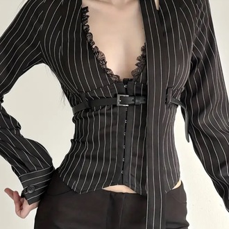 Gotik Punk Uzun Kollu Seksi Vintage Çizgili Dantel Detaylı ve Beli Sıkılaştırıcı Siren Bluz 