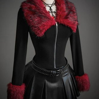 Goth Gotik Y2K Çift Fermuarlı Ceket - Sahte Kürk Yaka Siyah Hırka