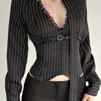 Gotik Punk Uzun Kollu Seksi Vintage Çizgili Dantel Detaylı ve Beli Sıkılaştırıcı Siren Bluz 