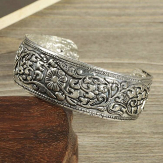 Vintage Bohem Vintage Gümüş İşlemeli Geniş Bileklik