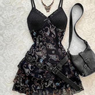 Vintage Floral Printed Hippie Siyah Aslılı Elbise