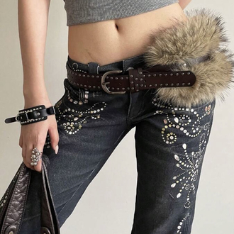 Kahve Deri Punk Tarzı Çift Sıralı Dekor Kemer