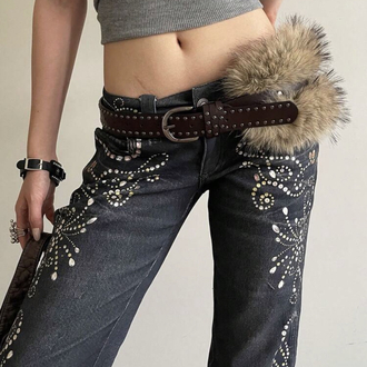 Kahve Deri Punk Tarzı Çift Sıralı Dekor Kemer
