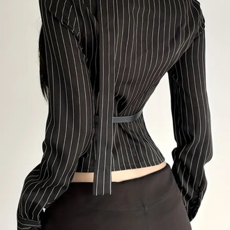 Gotik Punk Uzun Kollu Seksi Vintage Çizgili Dantel Detaylı ve Beli Sıkılaştırıcı Siren Bluz 