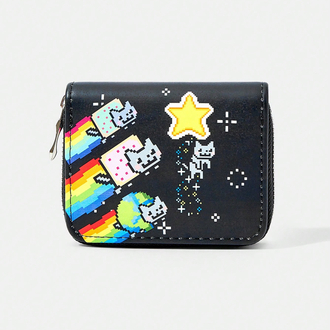 Grunge Piksel Gökkuşağı Kedi (Nyan Cat) Fermuarlı Cüzdan Siyah