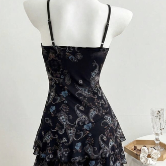 Vintage Floral Printed Hippie Siyah Aslılı Elbise