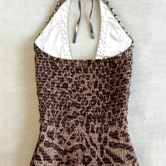 Vintage Leopar Desen Halter Bağlama Dekolte Top