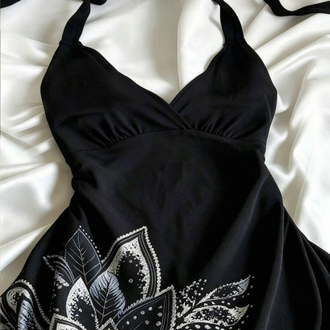Floral Print Halter Bağlama Siyah Çiçek Detay Elbise