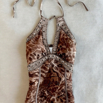 Vintage Leopar Desen Halter Bağlama Dekolte Top