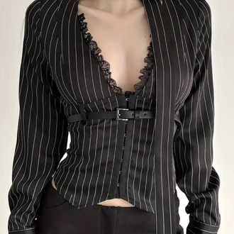 Gotik Punk Uzun Kollu Seksi Vintage Çizgili Dantel Detaylı ve Beli Sıkılaştırıcı Siren Bluz 