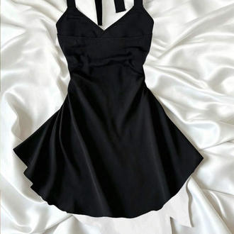 Floral Print Halter Bağlama Siyah Çiçek Detay Elbise