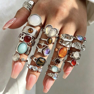 20 Parça Fairy Grunge Renkli Akik & Kristal Taş Kakmalı Vintage Bohem Yüzük Paketi⁠