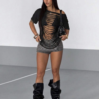Grunge Punk Street Style Distressed Top - Siyah