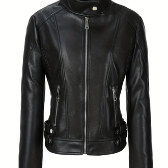 Goth Deri Kadın Slim Fit Deri Motosiklet Ceketi - Stand Yaka Fermuarlı Uzun Kollu Casual