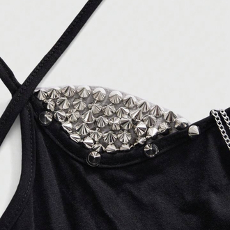 Punk Metal Spikes Zımbalı Zincir Detaylı Seksi Siyah Büstiyer