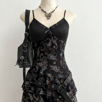 Vintage Floral Printed Hippie Siyah Aslılı Elbise