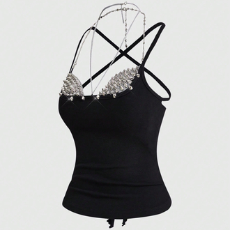 Punk Metal Spikes Zımbalı Zincir Detaylı Seksi Siyah Büstiyer