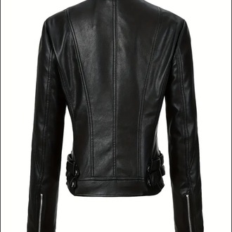 Goth Deri Kadın Slim Fit Deri Motosiklet Ceketi - Stand Yaka Fermuarlı Uzun Kollu Casual