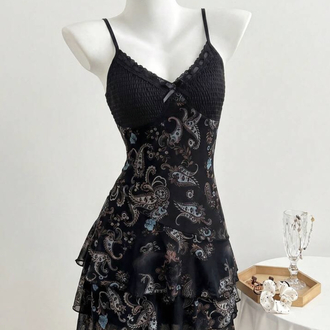 Vintage Floral Printed Hippie Siyah Aslılı Elbise