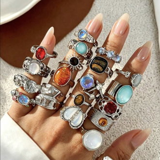 20 Parça Fairy Grunge Renkli Akik & Kristal Taş Kakmalı Vintage Bohem Yüzük Paketi⁠