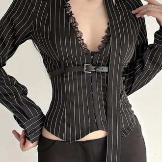 Gotik Punk Uzun Kollu Seksi Vintage Çizgili Dantel Detaylı ve Beli Sıkılaştırıcı Siren Bluz 