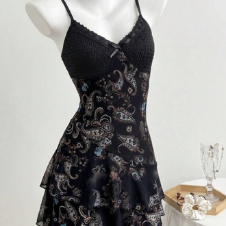Vintage Floral Printed Hippie Siyah Aslılı Elbise