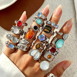 20 Parça Fairy Grunge Renkli Akik & Kristal Taş Kakmalı Vintage Bohem Yüzük Paketi⁠
