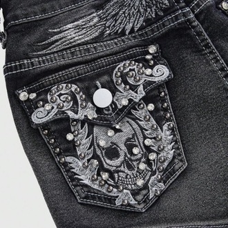 Gothic Y2K Skull Printed Kafatası Ve Kanat Detaylı Mikro Siyah Kot Şort