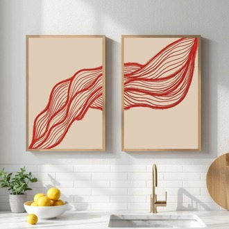 Kırmızı Soyut Çizgi Sanatı Seti, Minimalist Dipti̇k Baskı, Modern Bej Duvar Dekoru 