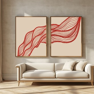 Kırmızı Soyut Çizgi Sanatı Seti, Minimalist Dipti̇k Baskı, Modern Bej Duvar Dekoru 