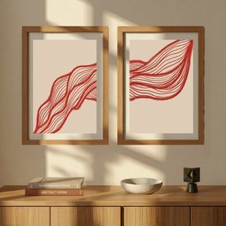 Kırmızı Soyut Çizgi Sanatı Seti, Minimalist Dipti̇k Baskı, Modern Bej Duvar Dekoru 