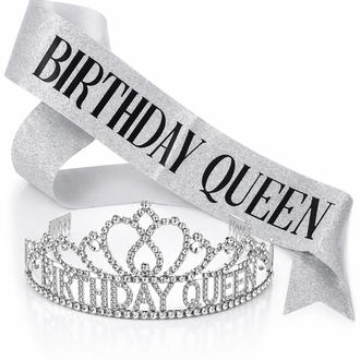 Silver Birthday Queen Premium Doğum Günü Tacı ve Kuşak Set