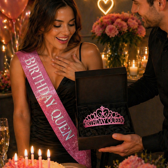 Pink Birthday Queen Premium Doğum Günü Tacı ve Kuşak Set