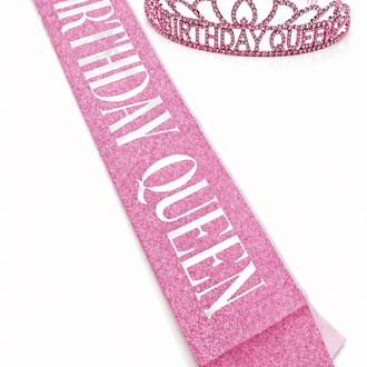 Pink Birthday Queen Premium Doğum Günü Tacı ve Kuşak Set