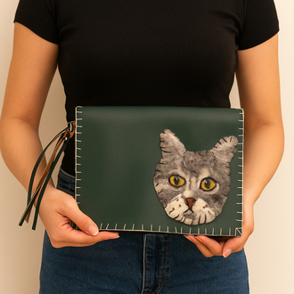 Yeşil kedi detaylı çanta