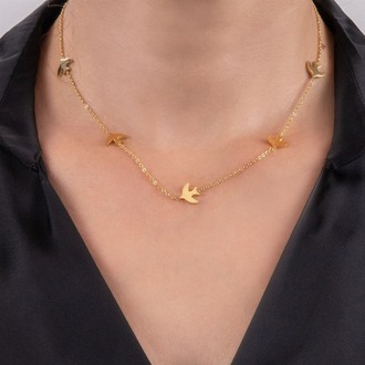 316 L Kuş Figürlü Gold Renk Çelik Kadın Kolye - HMÇK-0057 || HM-03-00137-05