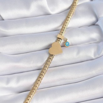 316 L Gold Yassı Zincir Model Kalp Figür Nazar Boncuk Çelik Kadın Bileklik || HM-03-00138-01