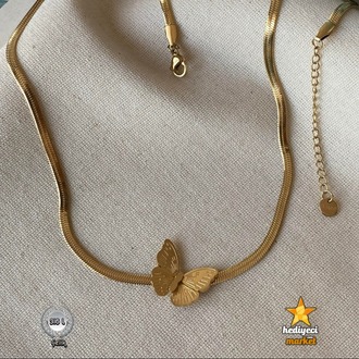 316 L Gold Renk Italyan Model Kelebek Figür Kadın Çelik Kolye - HMÇK-0056 || HM-03-00137-04